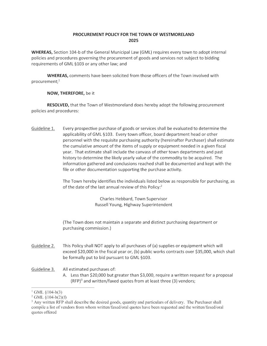 PROCUREMENT POLICY FOR THE TOWN OF WESTMORELAND 2025